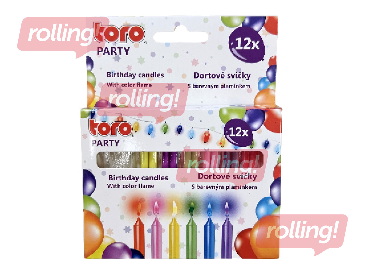 Jubilejas svecītes Toro Party, ar turētāju, deg ar krāsainu liesmu, dažādas krāsas, 6cm, 12 gab.