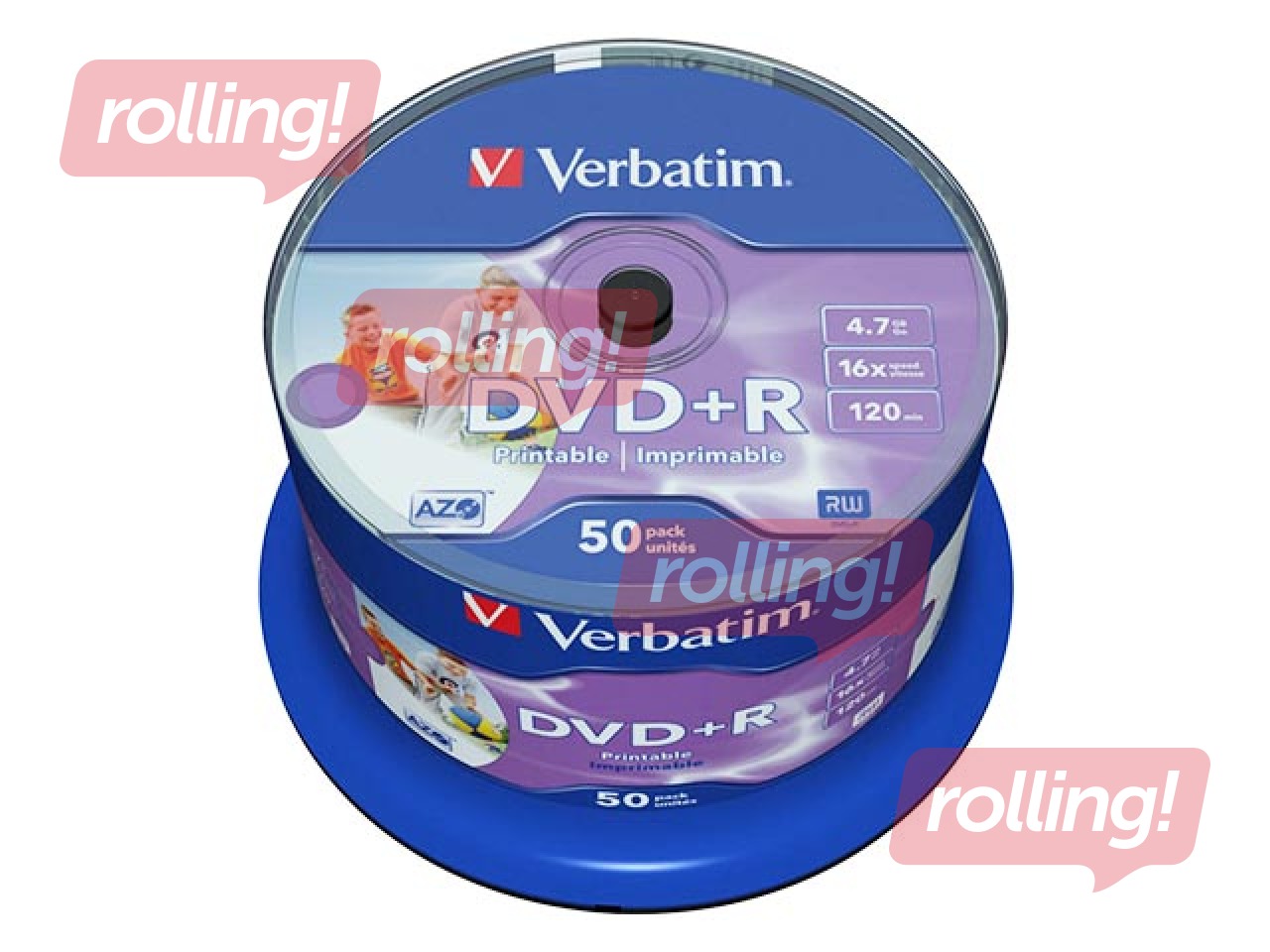 Verbatim DVD+R AZO 4.7GB 16x Wide Printable non ID, 50 Pack Spindle