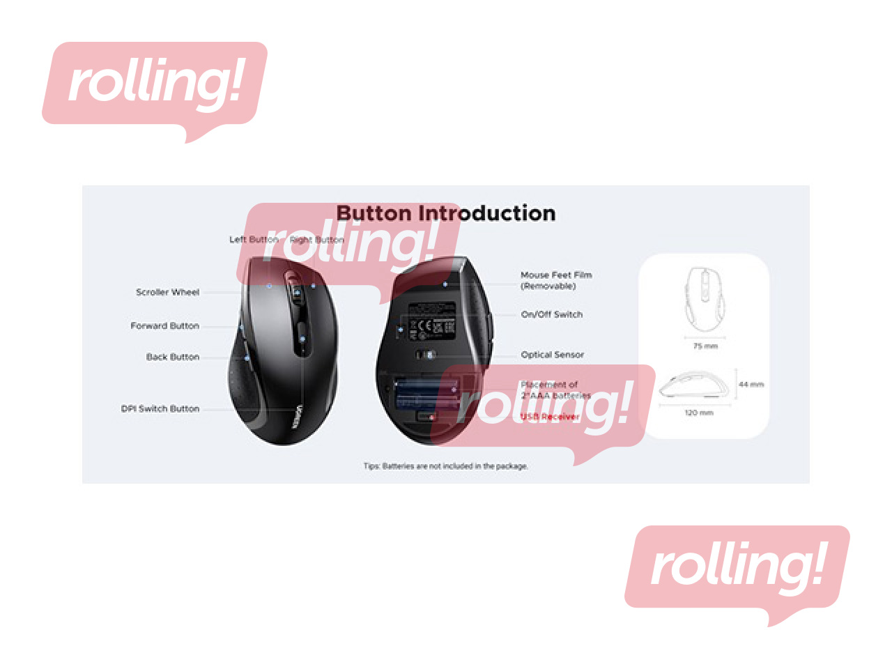 Bezvadu datorpele UGREEN ergonomiska 2.4GHz, melna