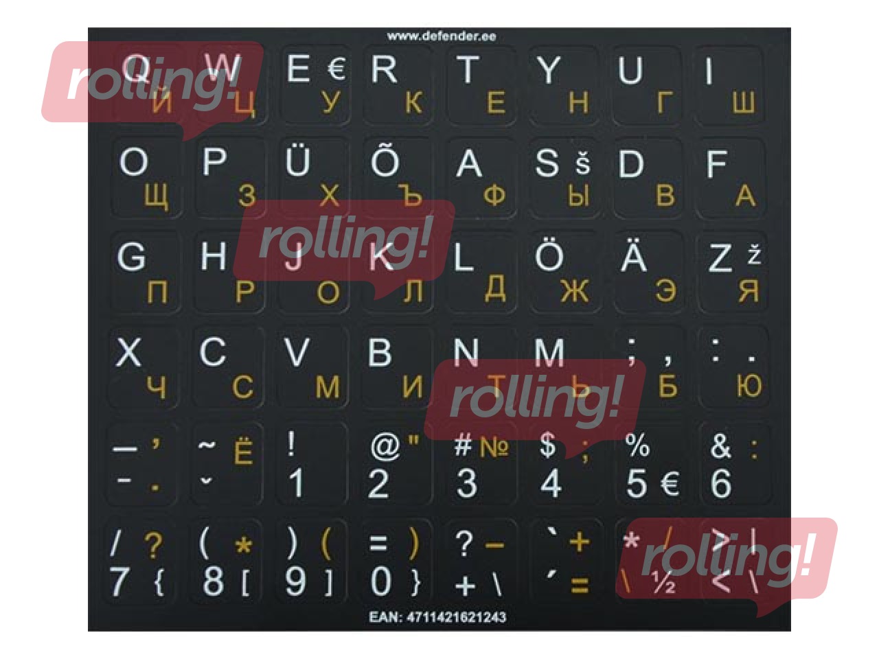 Uzlīmes tastatūrai Defender, melns fons, EE (Balti burti)/ RU (dzeleni burti)