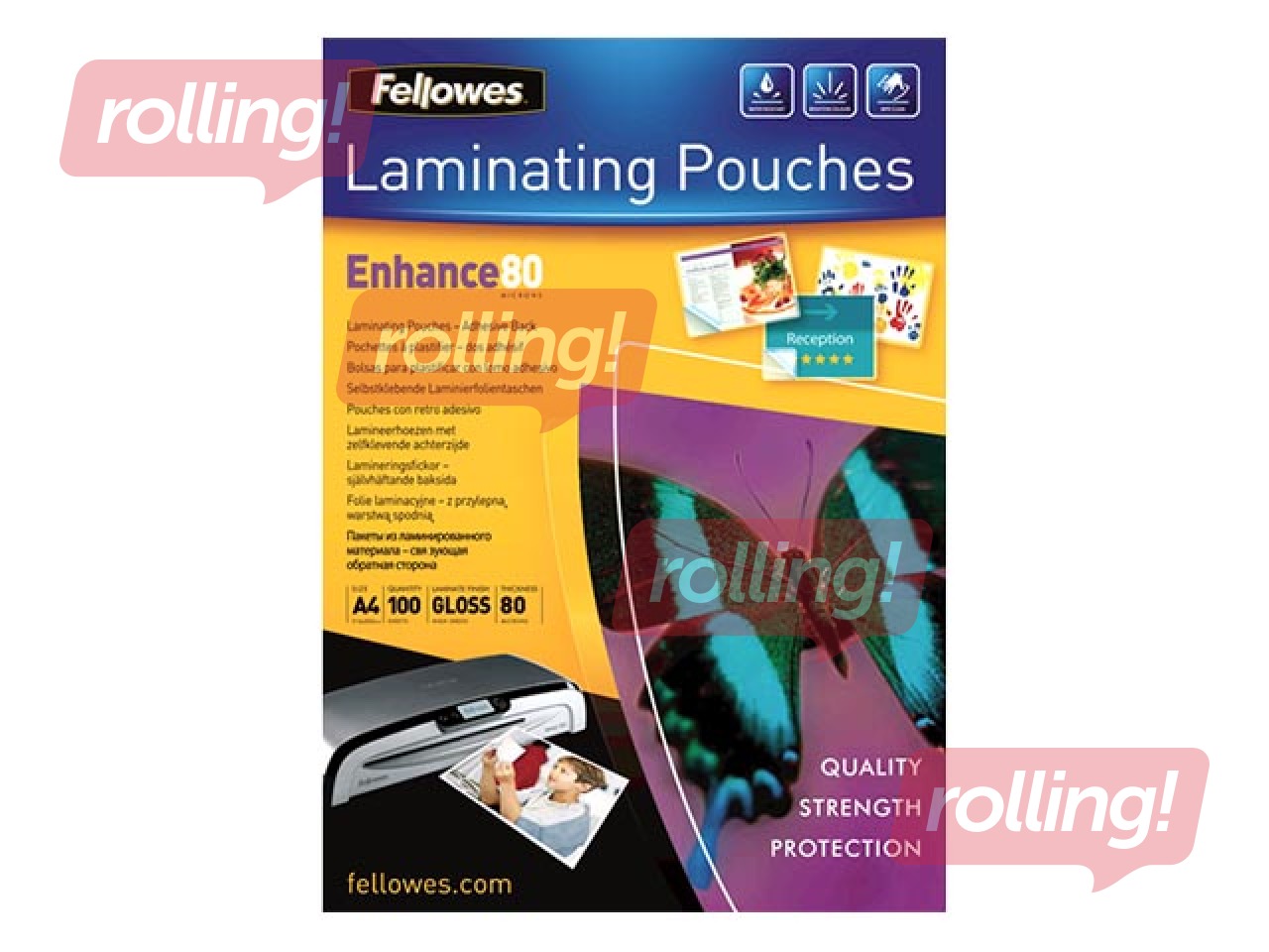 Laminēšanas plēves Fellowes A4 80mic 100gab/iepak, ar lipīgu aizmuguri