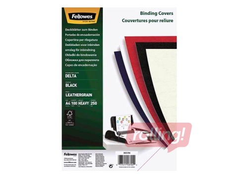Binding back covers Fellowes Delta 250 g/m², with artificial leather texture, 100 pcs, black