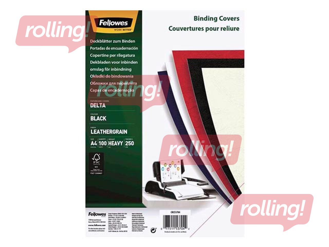 Binding back covers Fellowes Delta 250 g/m², with artificial leather texture, 100 pcs, black