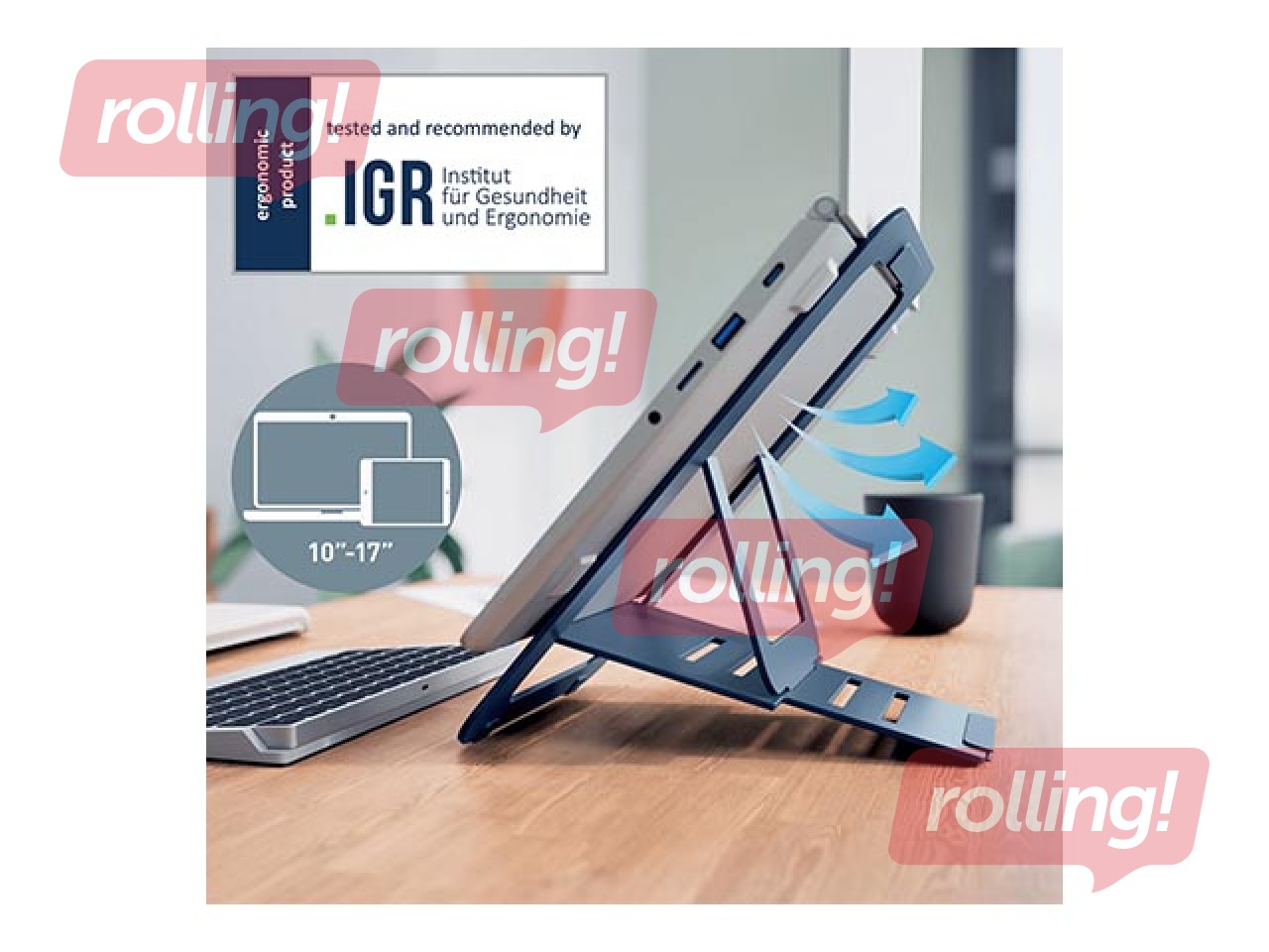Paliktnis portatīvajam datoram Leitz Ergo, ultra-flat, alumīnija, regulējams