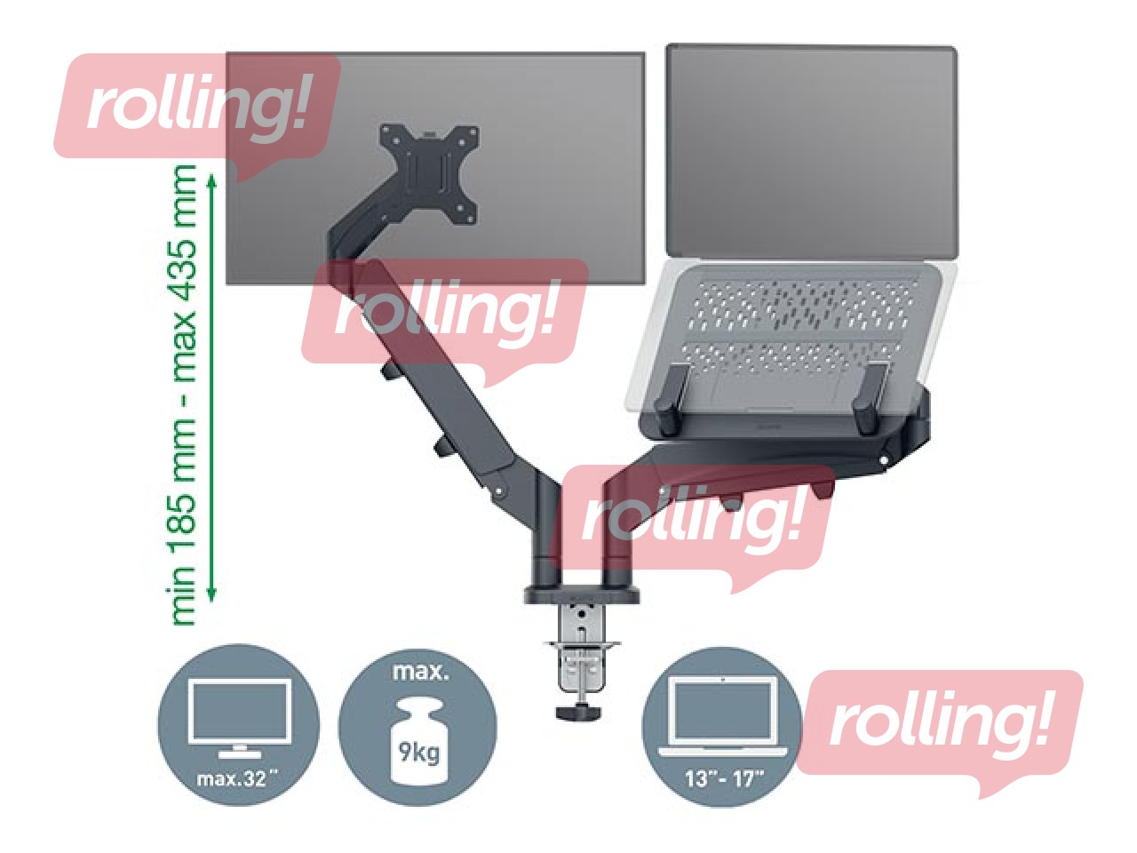 Portatīvā datora un monitora stiprinājums Leitz Ergo, tumši pelēks