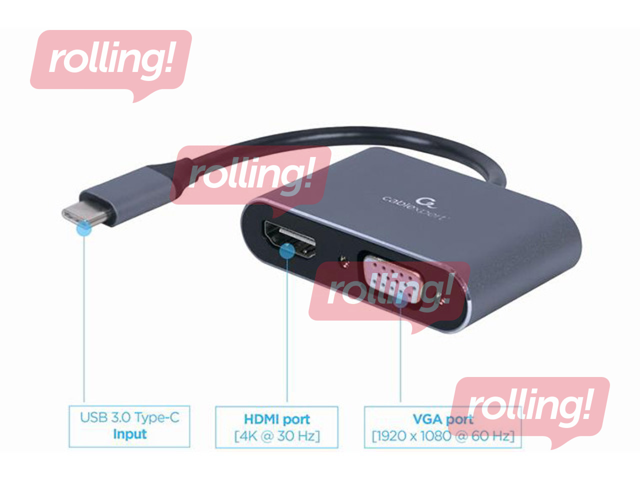 Adapteris Gembird USB Type-C to HDMI + VGA Display Adapter Space Grey