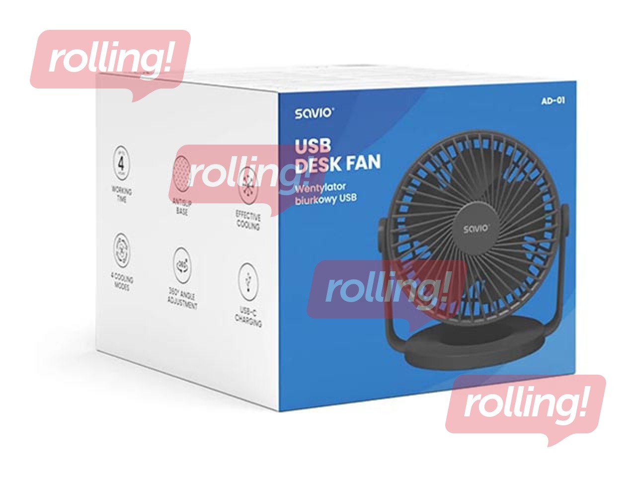 Galda ventilators ar akumulatoru Savio USB Desk Fan AD-01, Melns