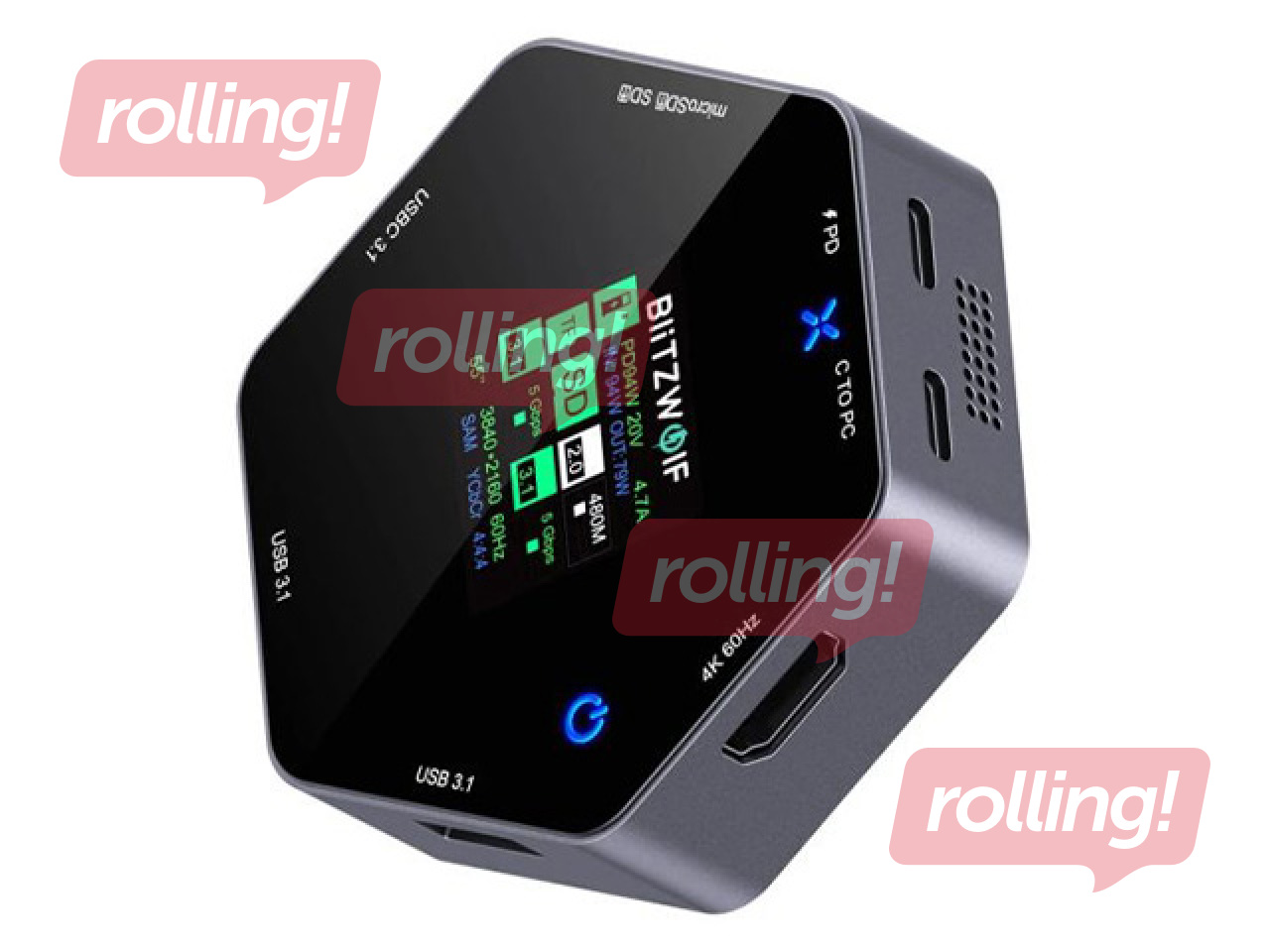 Daudzportu adapteris Blitzwolf, 8in1 docking station, BW-TH16, USB 100W, LCD Smart Display