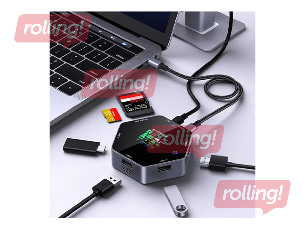 Daudzportu adapteris Blitzwolf, 8in1 docking station, BW-TH16, USB 100W, LCD Smart Display