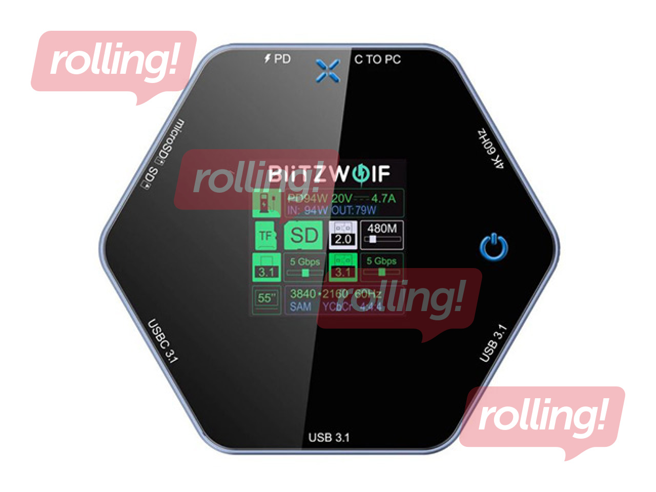 Mitme pordiga adapter Blitzwolf 8in1 docking station BW-TH16 USB 100W LCD Smart Display