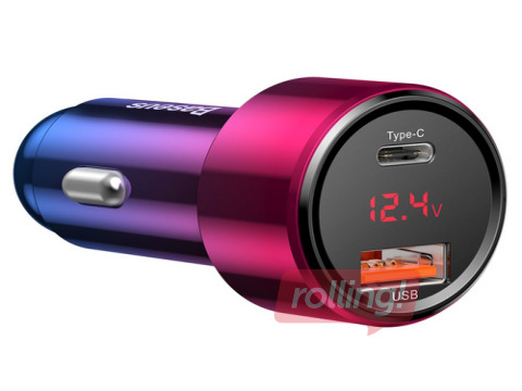 Auto lādētājs Baseus Magic USB + USB-C QC 4.0 PD 45W automašīnas lādētājs (sarkans-zils).