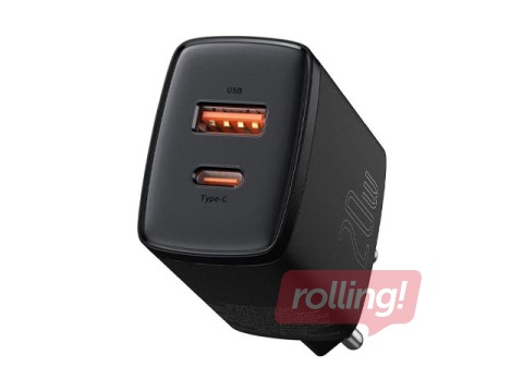 Lādētājs Baseus Compact Quick Type C + USB, 20w, melns
