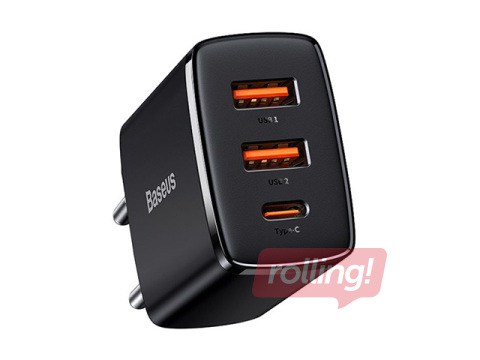 Lādētājs Baseus QC USB Type C + 2x USB, 30W, melns