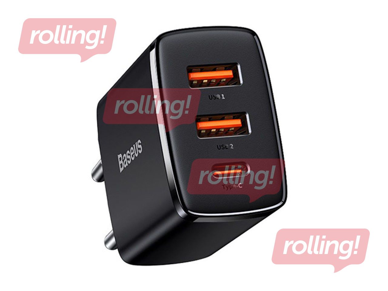 Lādētājs Baseus QC USB Type C + 2x USB, 30W, melns