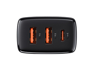 Lādētājs Baseus QC USB Type C + 2x USB, 30W, melns
