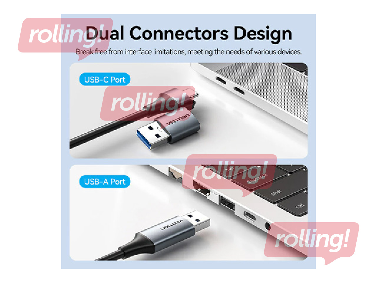 Adapter Vention USB-A + USB-C to Gigabit Ethernet 0.15m