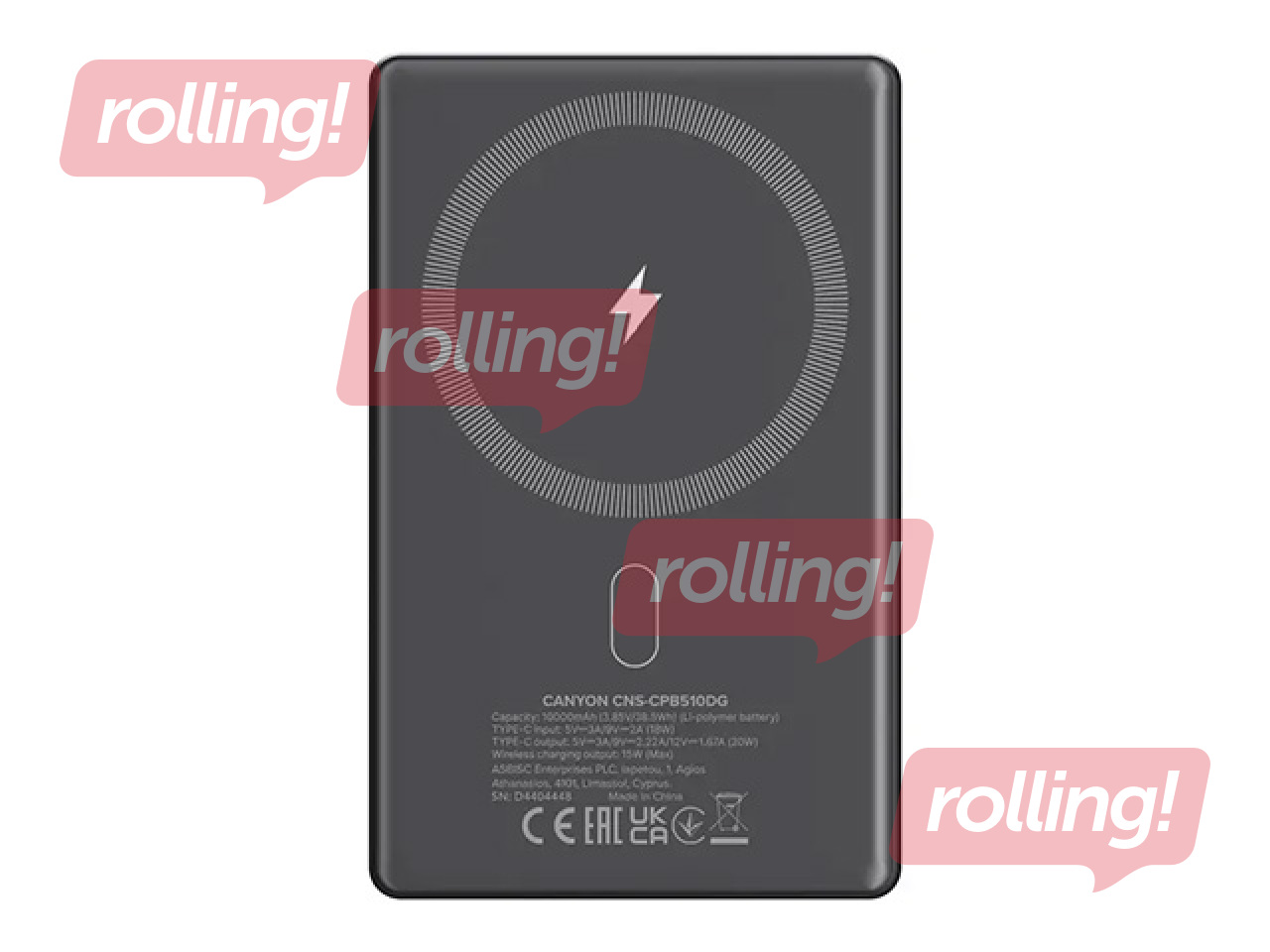 Magnētiskais mobilais lādētājs Canyon, OnPower 510 slim, MagSafe PD 20W, 10000mAh, tumši pelēks