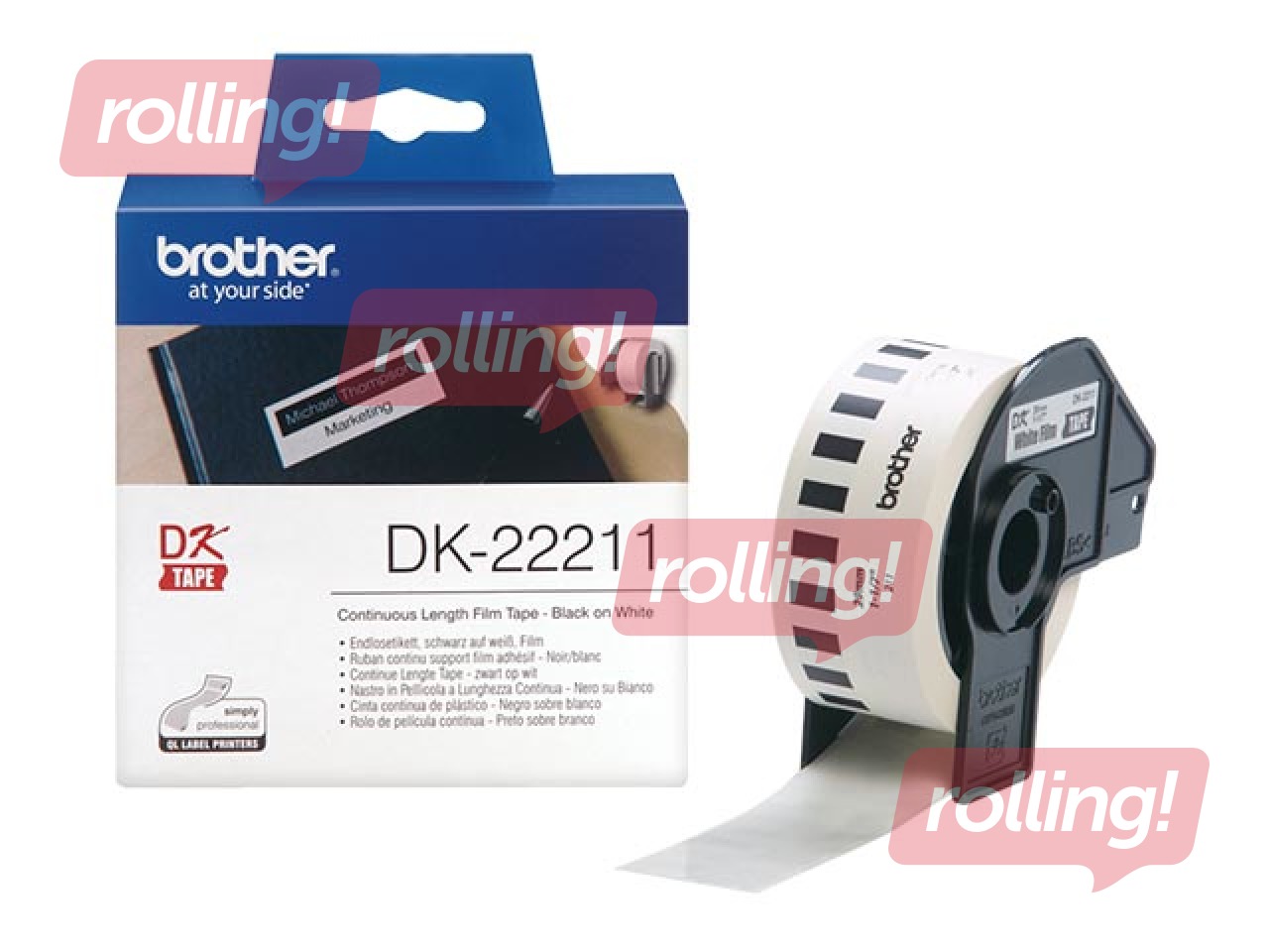 Kleepkirjalint Brother DK22211, jooksev kileteip 29mm x 15,24m, valge kile 