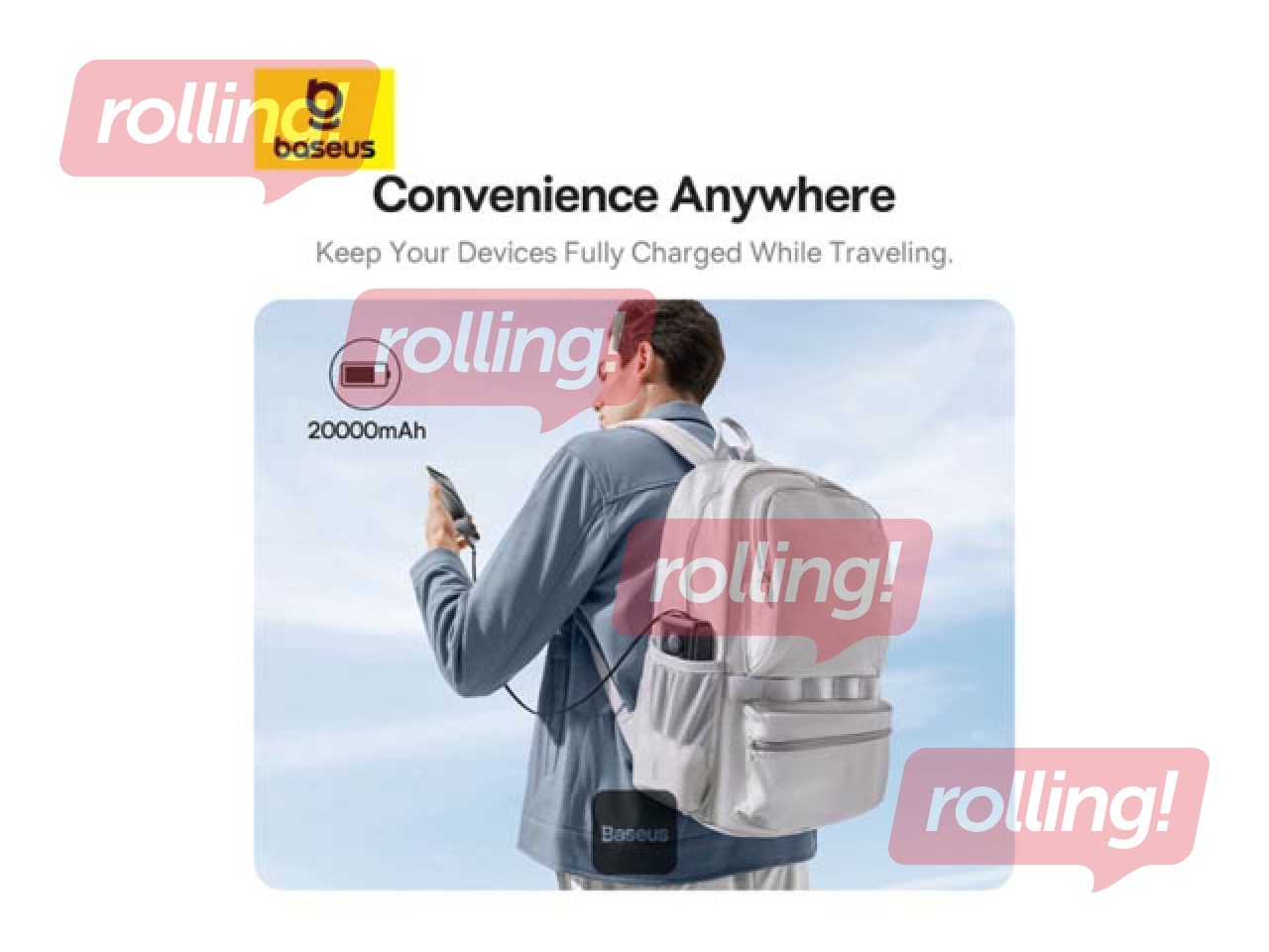 Mobilais lādētājs Baseus Free2Pull, 20000mAh, 65W, ar vadu, melns