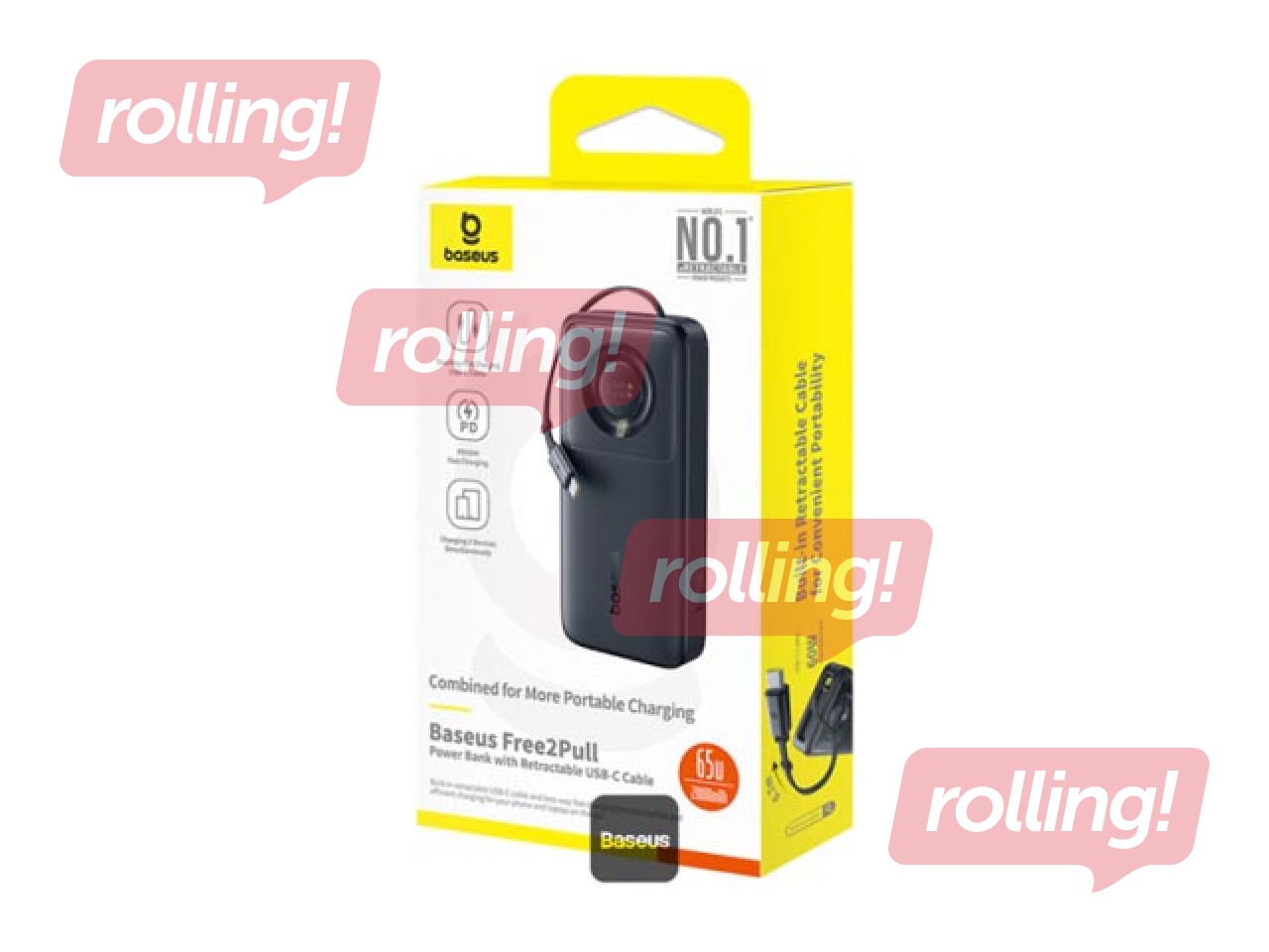 Mobilais lādētājs Baseus Free2Pull, 20000mAh, 65W, ar vadu, melns