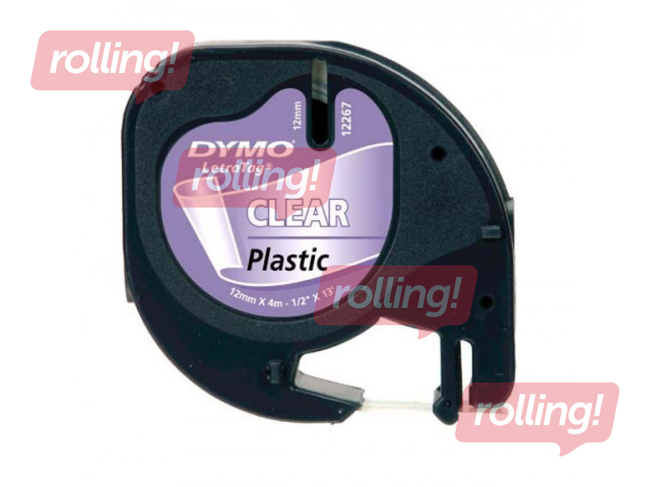 Marķēšanas lente Dymo, 12 mm x 4 m, plastikāta, melni burti uz caurspīdīga fona