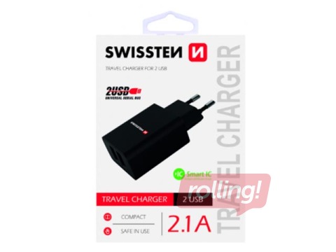 Lādētājs Swissten Premium USB + USB, 2.1А , 10.5W, melns