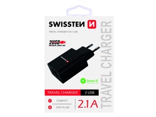Lādētājs Swissten Premium USB + USB, 2.1А , 10.5W, melns