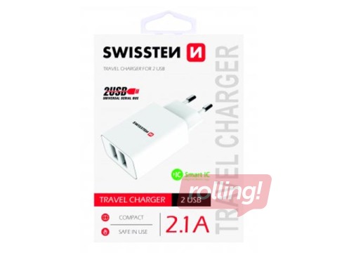 Lādētājs Swissten Premium USB + USB, 2.1А , 10.5W, balts