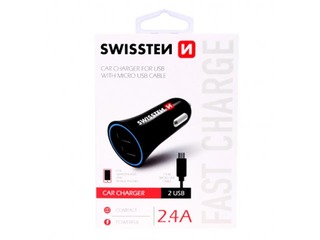 Auto lādētājs Swissten Premium USB + USB, ar vadu, 1.5m, melns