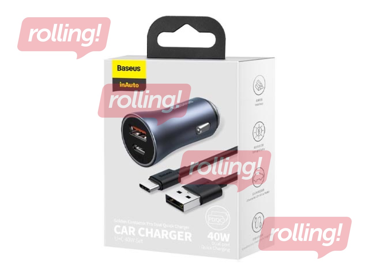 Auto lādētājs Baseus Golden Contactor Pro USB + Type C, vads komplektā, QC4.0, PD, SCP, 40W, pelēks